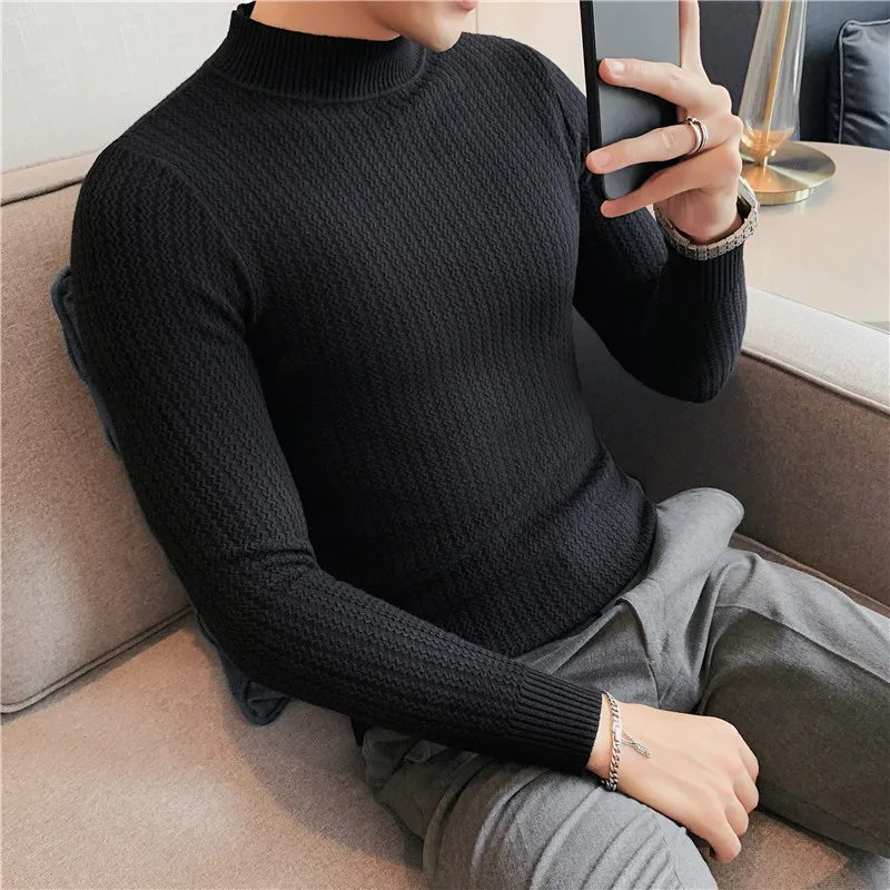 Winter half turtleneck sweater Men's knit pullover sweater slim solid color knitted sweater black