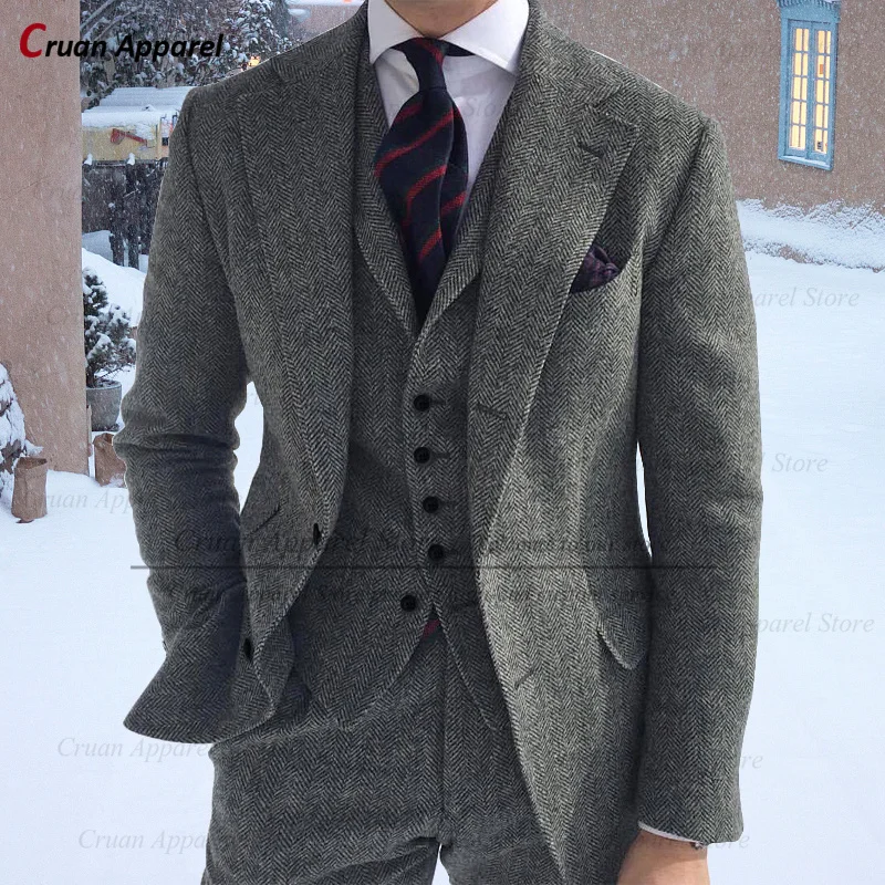 Herringbone Suit Men 3 Pieces Formal Business Tweed Tuxedo for Men Tailor-made Retro Wedding Suit Jacket Vest Pants Set