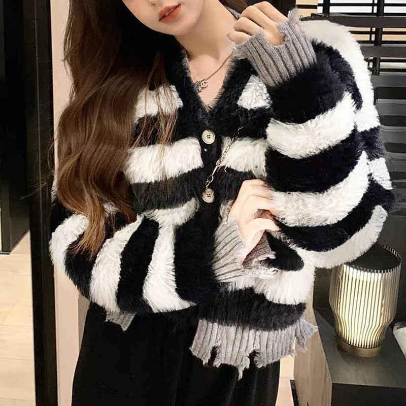 Cardigans Sweater Top Imitate Mink Wool Striped Long Sleeve Knit Korean Elegant Sweet Jacket Casual Oversize Women Clothes New