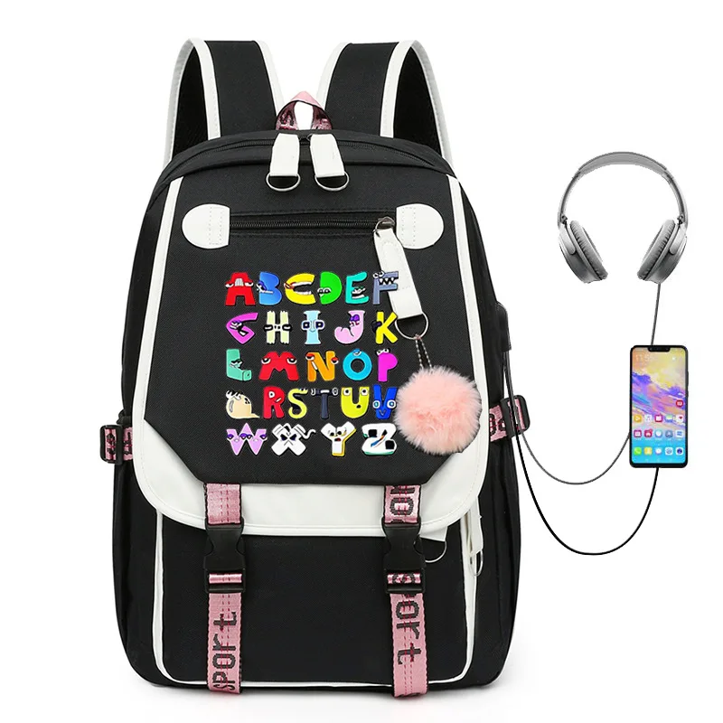 

The New Alphabet Lore Letter USB Charging Children's Backpack Schoolbag Boys and Girls Backpack Lightening Zipper Shoulders