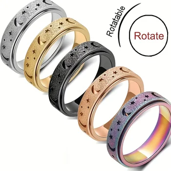 1pc Anxiety/ Fidget Ring Made Of Stainless Steel Rotatable Design Trendy Moon And Star Design Multi Colors To Choose Match 1