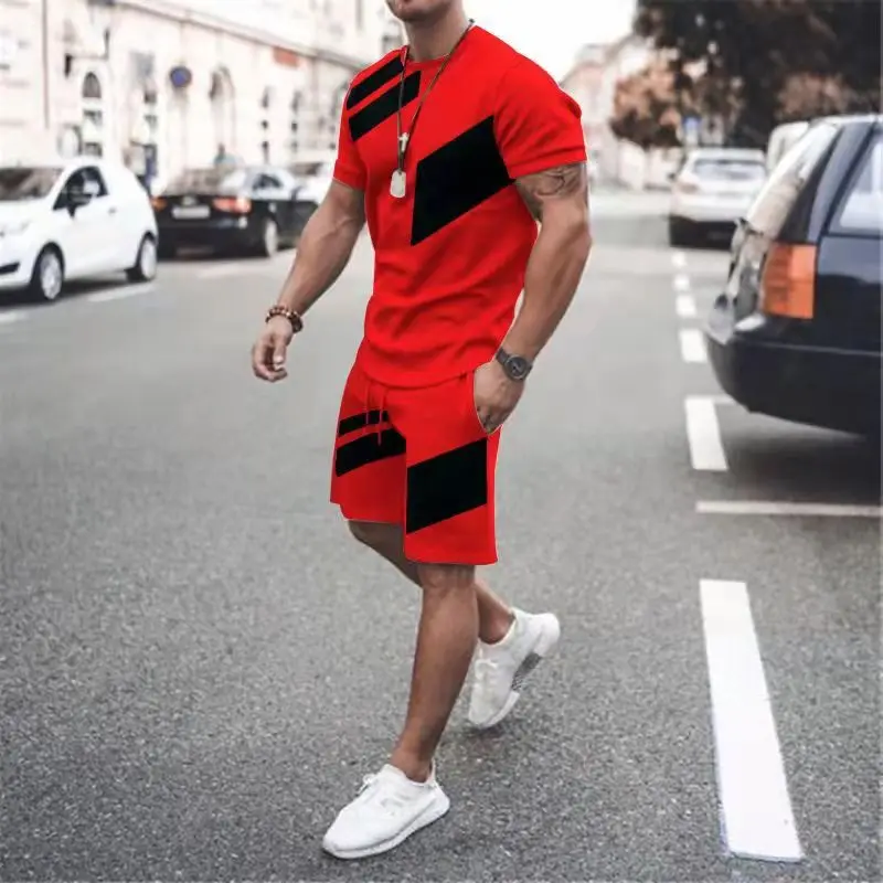 2023 3D Summer Solid T-shirt And Shorts Set Men Sport Stripe Suit 2 Piece Sets Jogging Tracksuit Oversizde Casual Male Clothing
