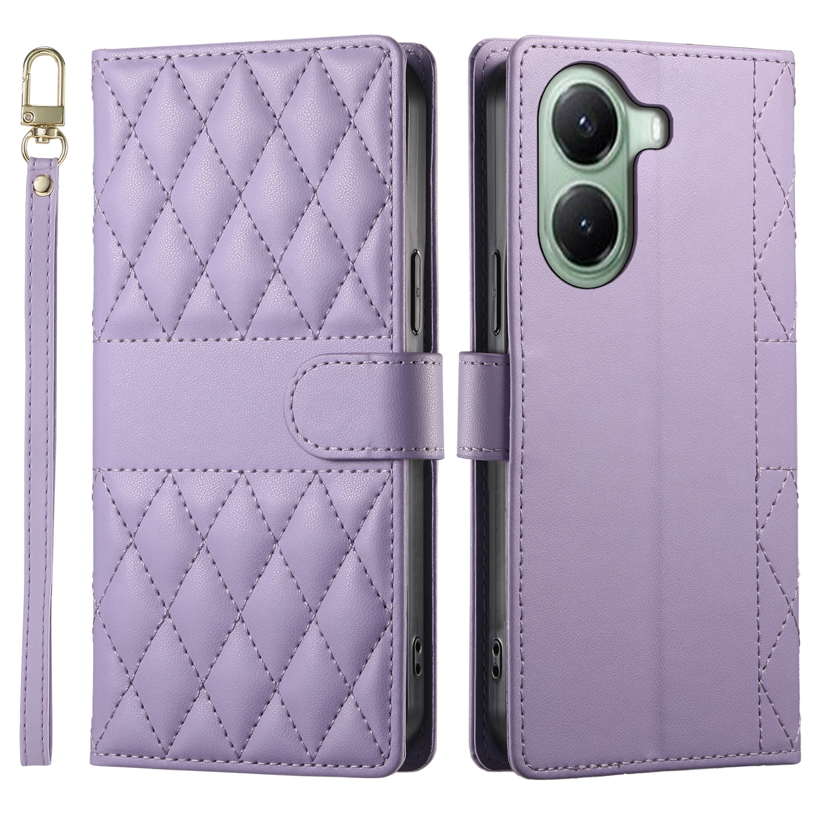 Crossbody Leather Wallet Case with Card Slot and Grid Lanyard – Book Flip Cover