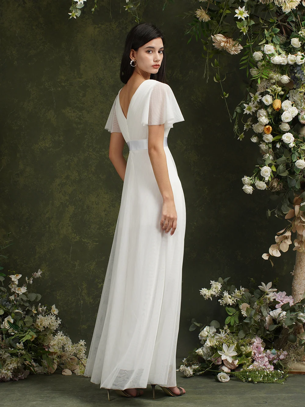 MisShow Flare Sleeve Pastrol Women Maxi Dress 2023 Cheap Wedding Dresses Bridal Gown Classic Pleated Bust Satin Sashes Female