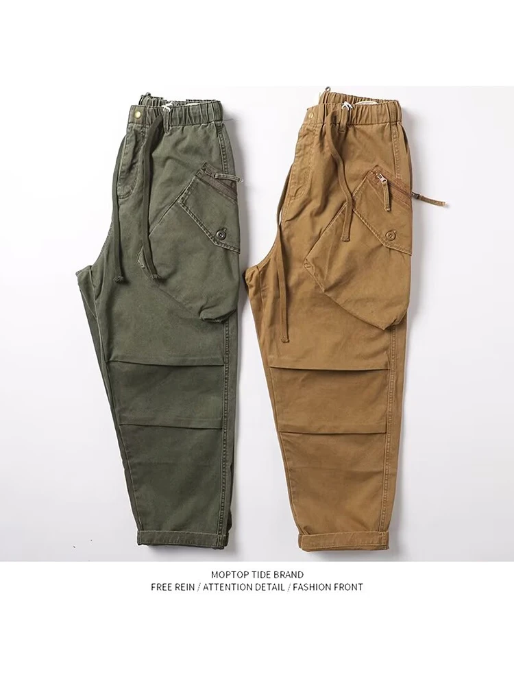 Retro Waed American Sle Workwear Loose Cuffed Multi ket Outdoor Men's Casual Long Pants Youthful Energy Sle Polyeste...