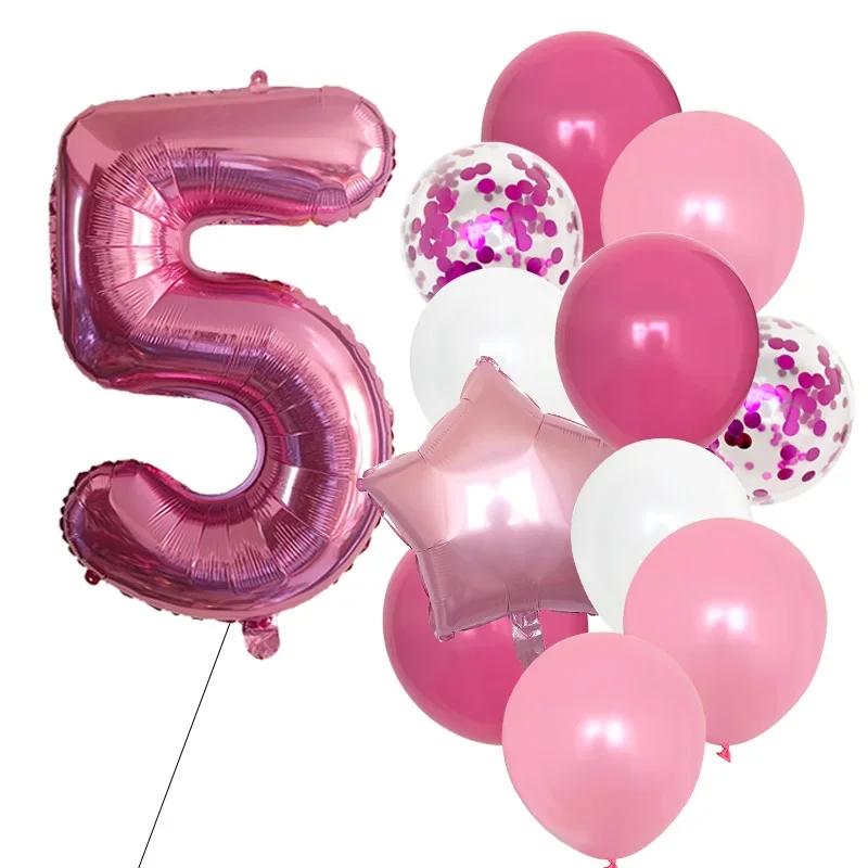 32in Pink Confetti Number Balloons Girl Birthday Party Decor Latex 1-10 Age Balloons for Kids Birthday Photo Backdrop Supplies