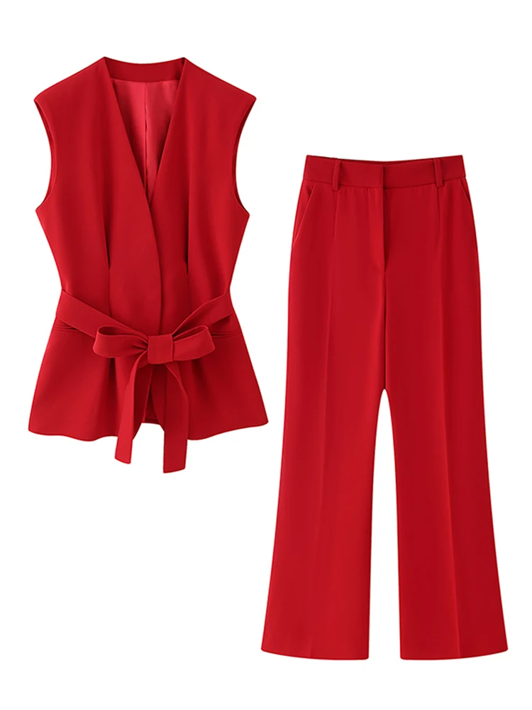 Red Lace Up Vest Pant Suit Women Elegant V-neck Sleeveless
