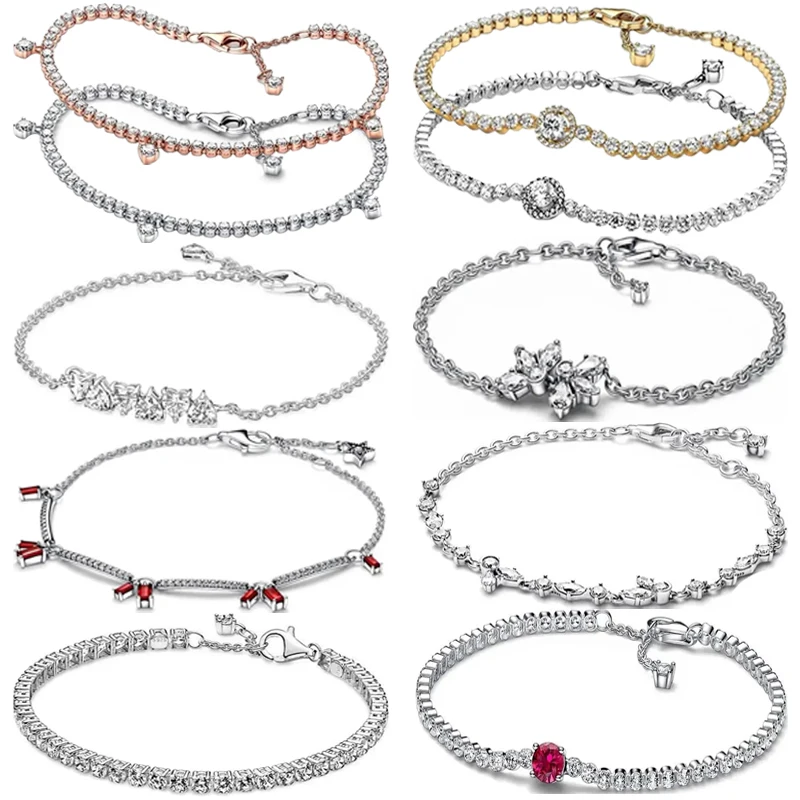 New Hot Selling S925 Silver Sparkling and Red Tennis Original Women's Love Logo Flower Bracelet Wedding DIY Fashion Charm Jewelr