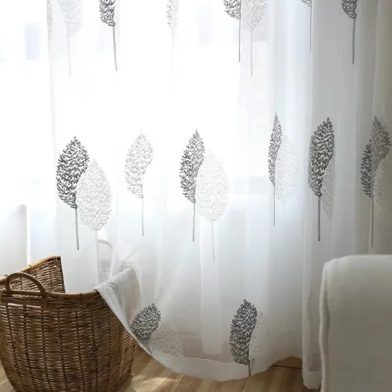 White Sheer Tulle Curtains - Modern Embroidered Translucent Window Drapes for Living Room  Bedroom