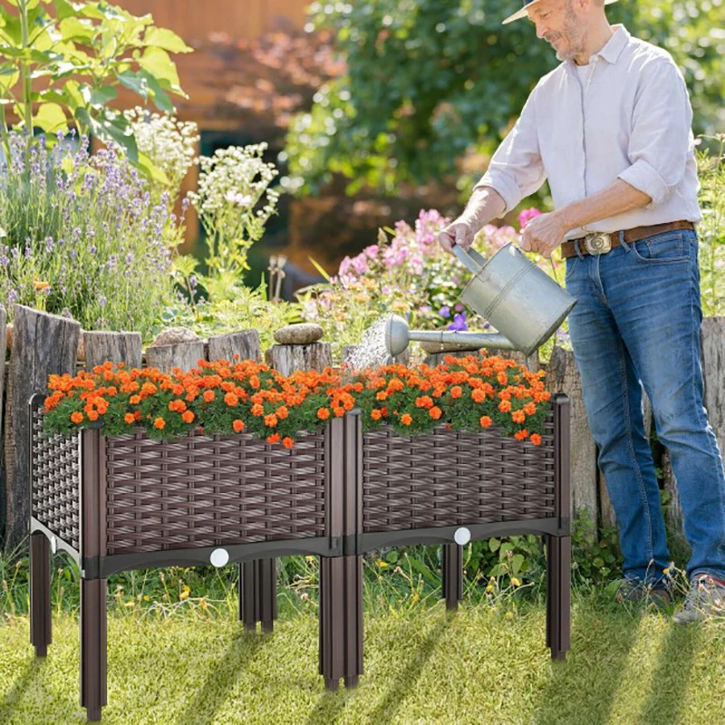 

2 Set Elevated Plastic Raised Garden Bed Planter Kit for Flower Vegetable Grow Plant Stand Outdoor Garden Shelf