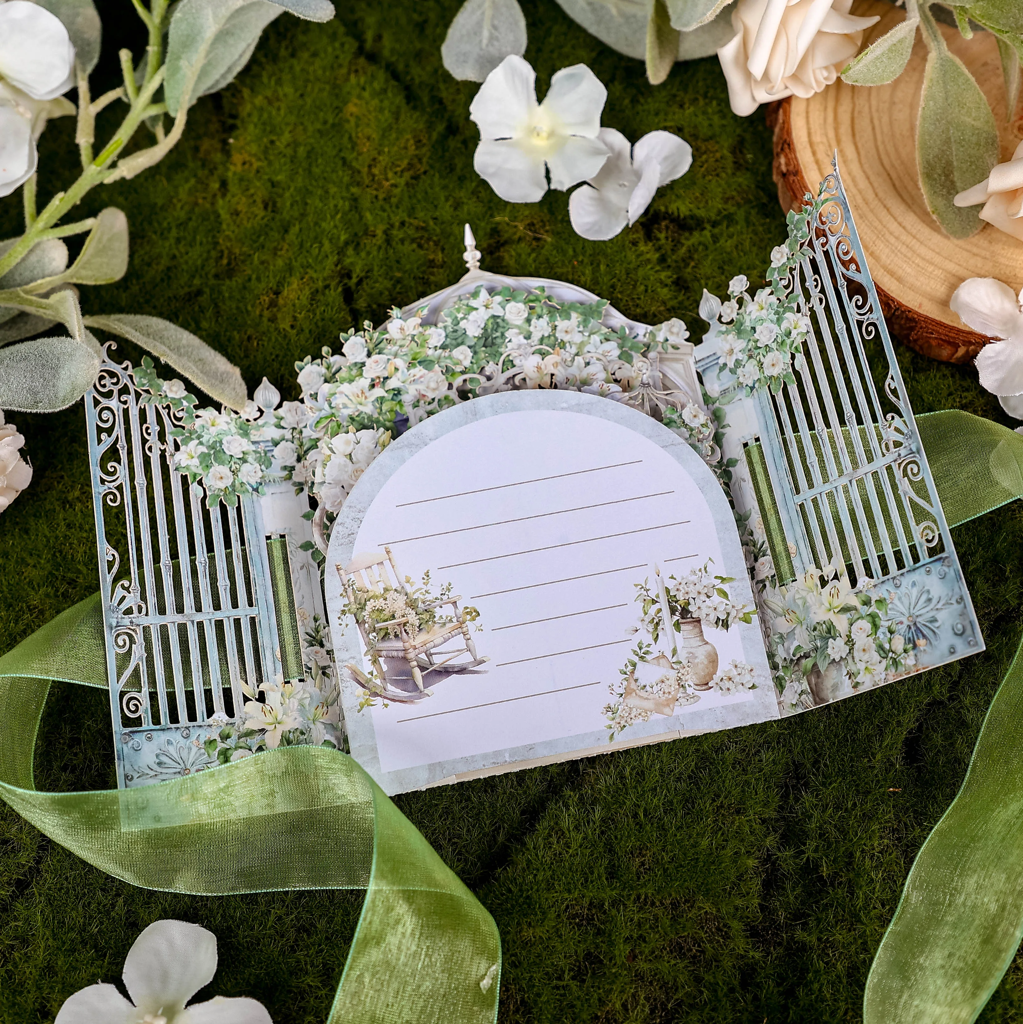 Greeting Cards White Rose Garden Pop-up Greeting Card Spring Rose Lily Garden Perfect Wedding Invitation with Green Ribbon Birthday Card