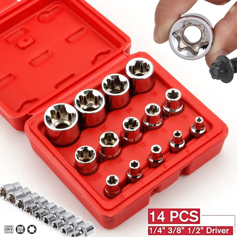 

4/5/14Pcs Torx Star Wrench Socket Head 1/2 Inch E10-E24 Star Female Socket Repair Tools