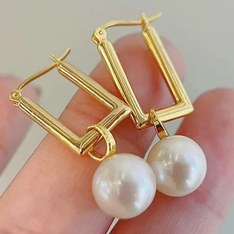 Mode Gold Farbe Dreidimensionale Quadratische Schloss Ohrringe Klassische Intarsien Imitation Perlen Baumeln Ohrringe für Frauen Schmuck