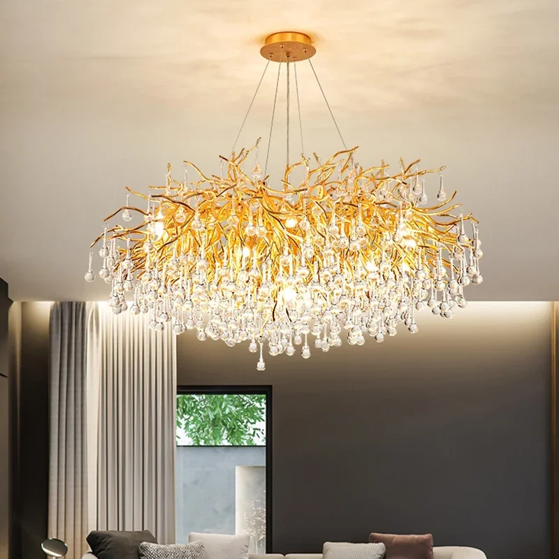 

Modern Luxury Crystal Chandelier Living Decorative Pendant Lamp Villa Water Drop Tree Branch Light Indoor LED Lighting Fixtures