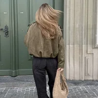 Women's Bomber Jackets Coats Fashion Turn-down Collar Long Sleeve Loose Coats Vintage Female Outerwear Chic Tops 4