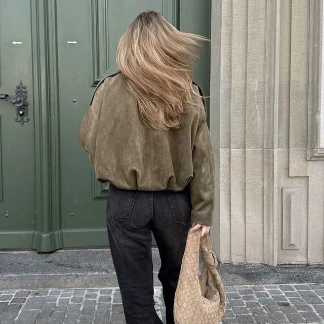 Women's Bomber Jackets Coats Fashion Turn-down Collar Long Sleeve Loose Coats Vintage Female Outerwear Chic Tops 4