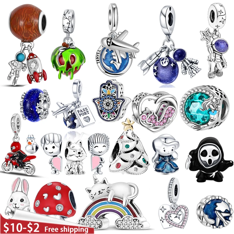 

QWC 925 Sterling Silver Christmas bead Blue series astronaut Charm Fit Original Pandora 925 Bracelet Trinket Women Jewelry
