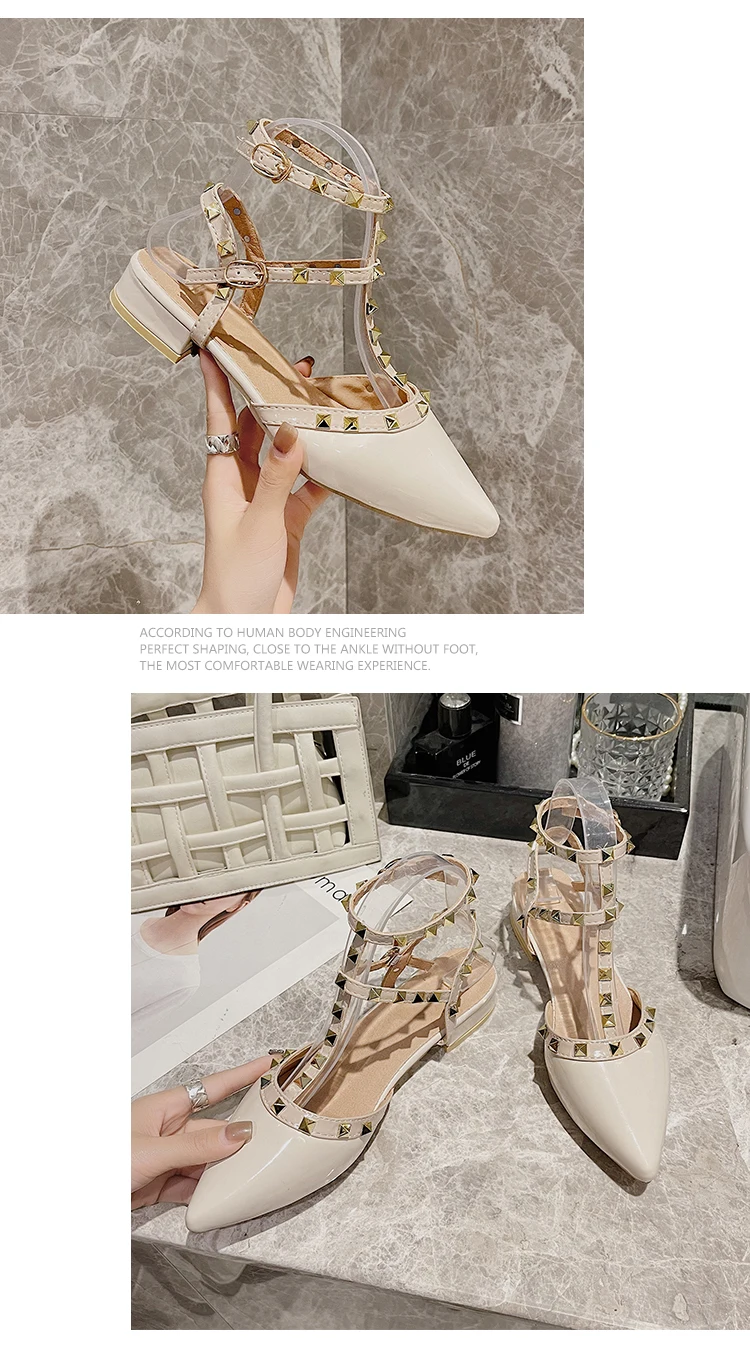 Women's shoes Summer 2021 new mid-heel pointed toe temperament high-heeled shoes thick-heeled rivet sandals women