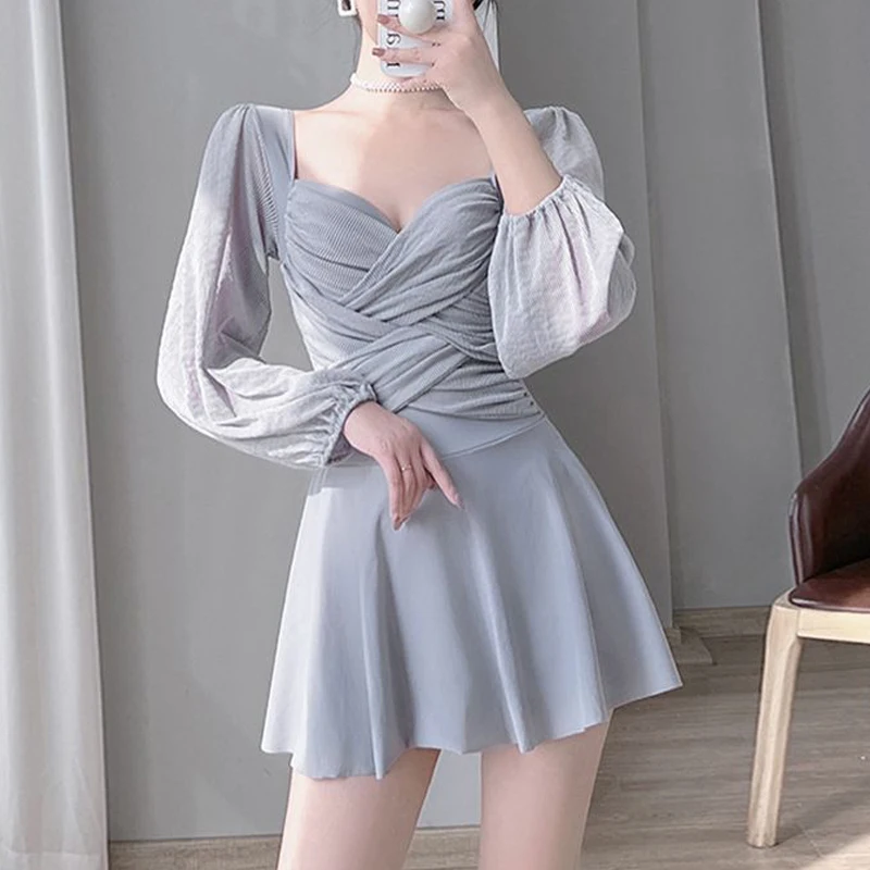 Women Ruched Vintage Elegant One Piece Swimsuits Sexy Solid Long Sleeve Beach Mini Dress Square Collar Push Up Bathing Swimwear