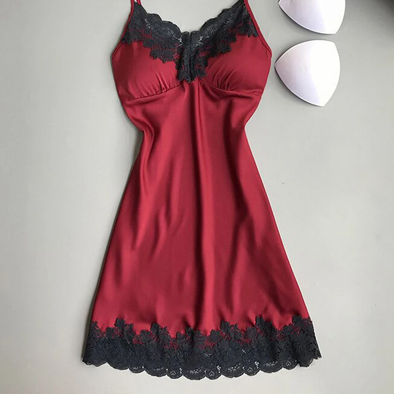 Women Lingerie Women Lingerie Set Women Nightgowns Women Nightdresses Sleeping Dress Women's Sexy Lingerie Summer Silk Night Gown Lace Patchwork Mini Night Dress Spaghetti Strap NO Chest Pad Sleepwear For Ladies