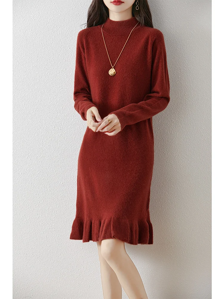 Women's Pure Wool Knitted Dress, High Collar, Pleated, Casual, Fashionable,  Warm, 2024 Autumn And Winter