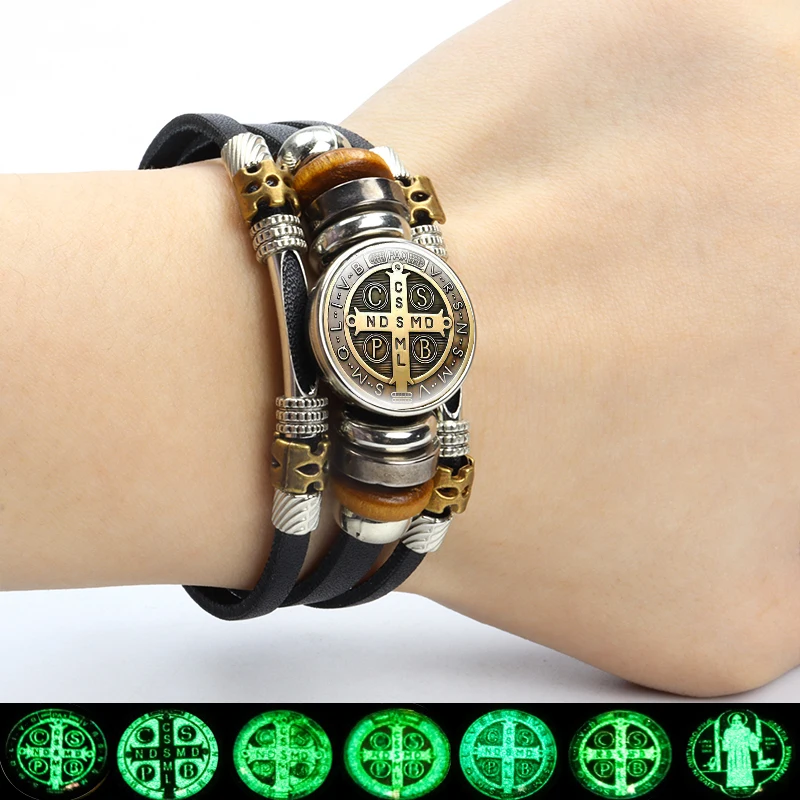 Leather Bracelet Luminous Saint Benedict Medallion Leather Bracelet Catholic San Benito Glass Cabochon Snap Button Bangles Multilayer Wristband