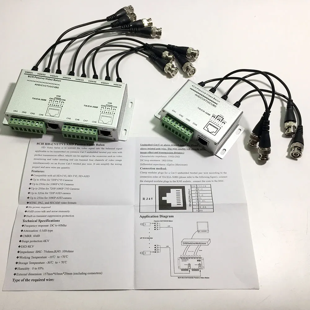 4 or 8 Channel CCTV Passive Video Balun RJ-45 UTP Twisted Pair Cable BNC Output