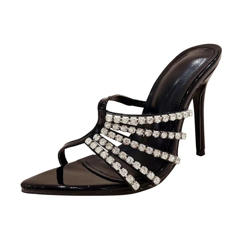 

Summer New Women's Luxury Rhinestone Slim Heel Sandal Slippers Pointed Toe Ultra High Heels Large Women's Shoes 35-41