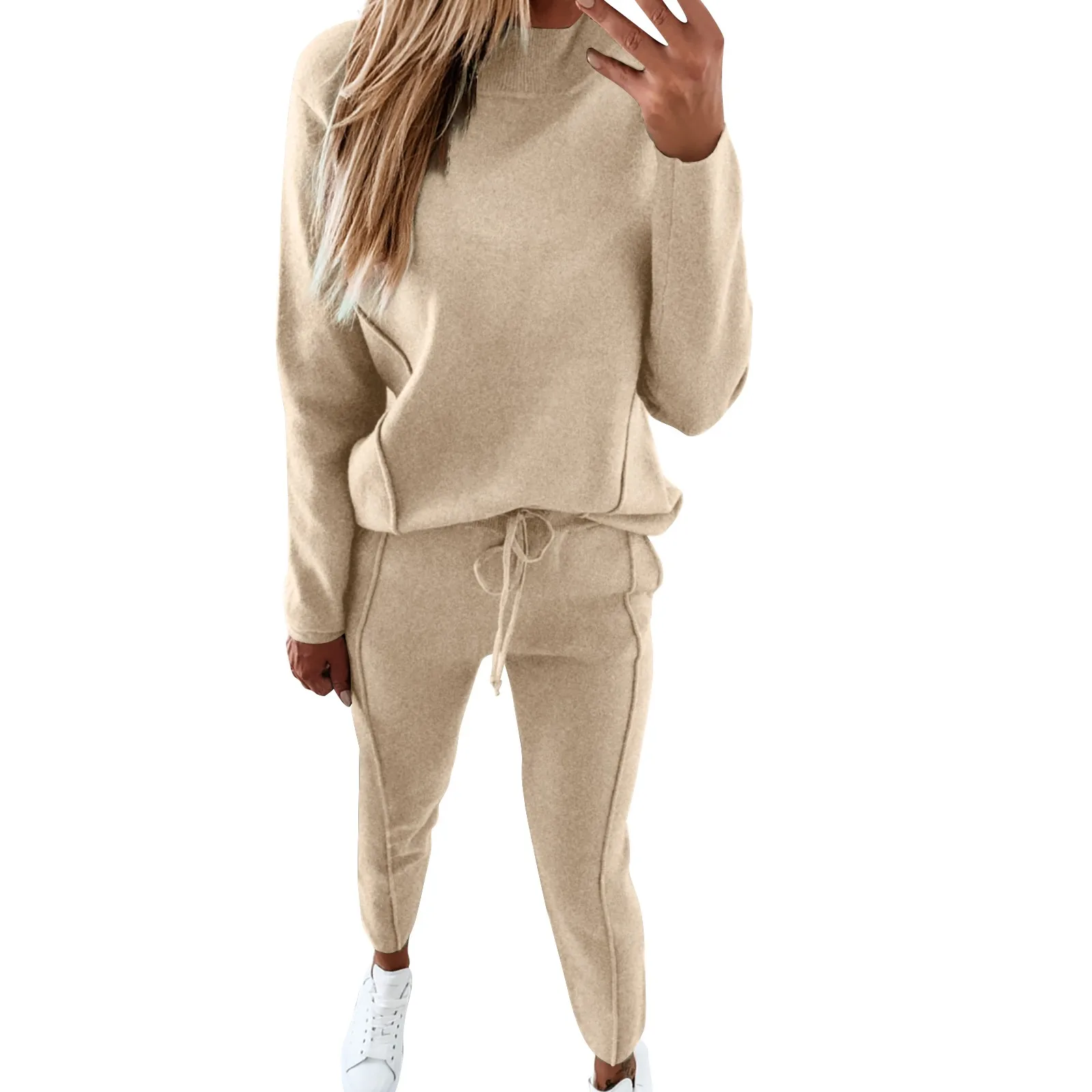 Women's Solid Color Hooded Sports Sweatshirt Set Two Piece Top Pant Round Neck Pants Outfits Interview Outfits