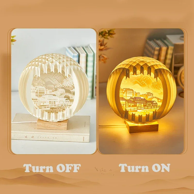 

Paper Carving Lamp with Wood Base Cartoon Art Night Light Friend's Gift Creative 3D Stereoscopic Led Atmosphere Bedside Decor