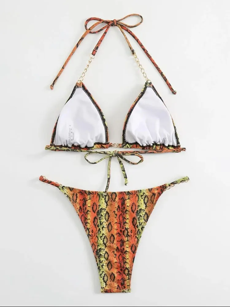 Snake Print Micro Bikini 2024 Women Swimwear Female Swimsuit Thong Bikinis Sets Chain Lace Up Bathing Suit Brazilian Beach Wear