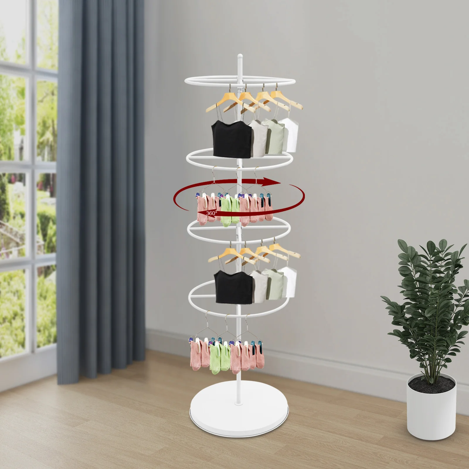 4-stufiges, verstellbares, drehbares rundes Präsentationsregal 360 ° Drehbare Regalständer aus Eisen für Schmuck, Socken und kommerzielle Kleiderständer – Detail 25