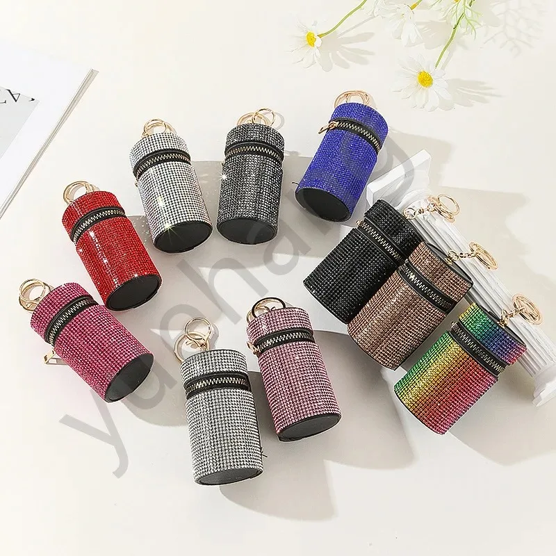 

New Cylindrical Fashion Mini Rhinestone PU Lipstick Bag with Keychain Women Portable Zipper Coin Purse Coin Bag Pouch Pendant