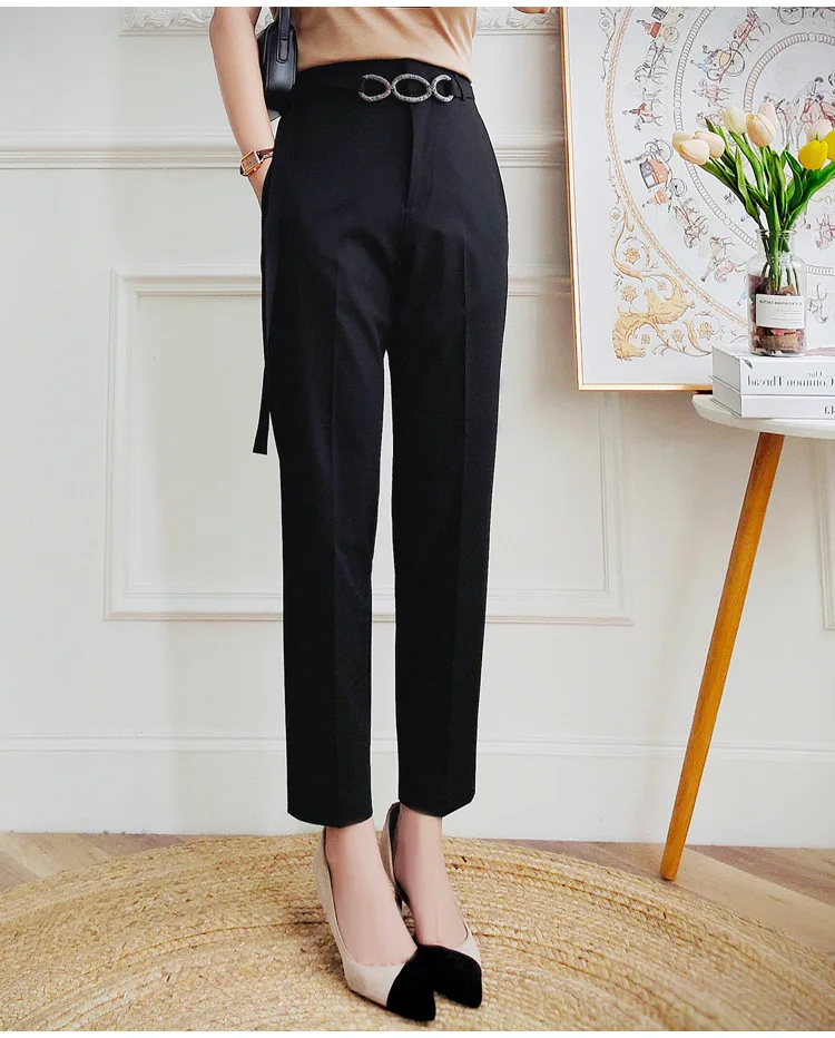 

Women's Straight Tube Cigarette Pants OL Temperament Bead Chain Ring Waist High Waist Ankle-Length Pants Spring Autumn New 2023