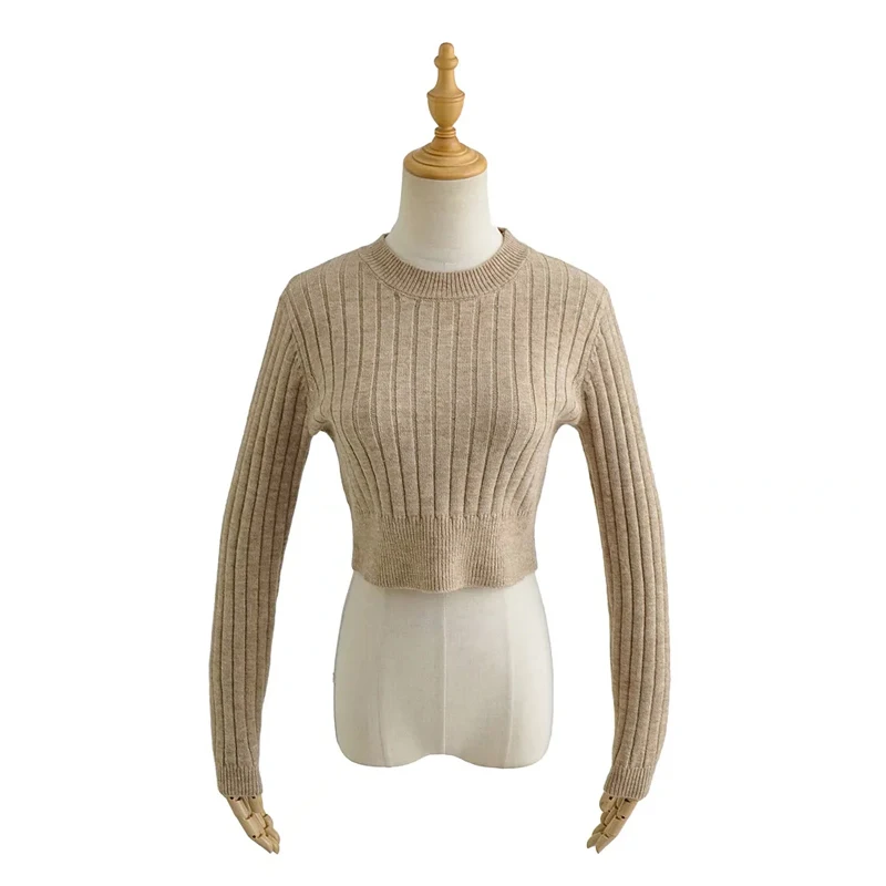 Women White Basic Style Crop Thick Knit Cropped Jumper
