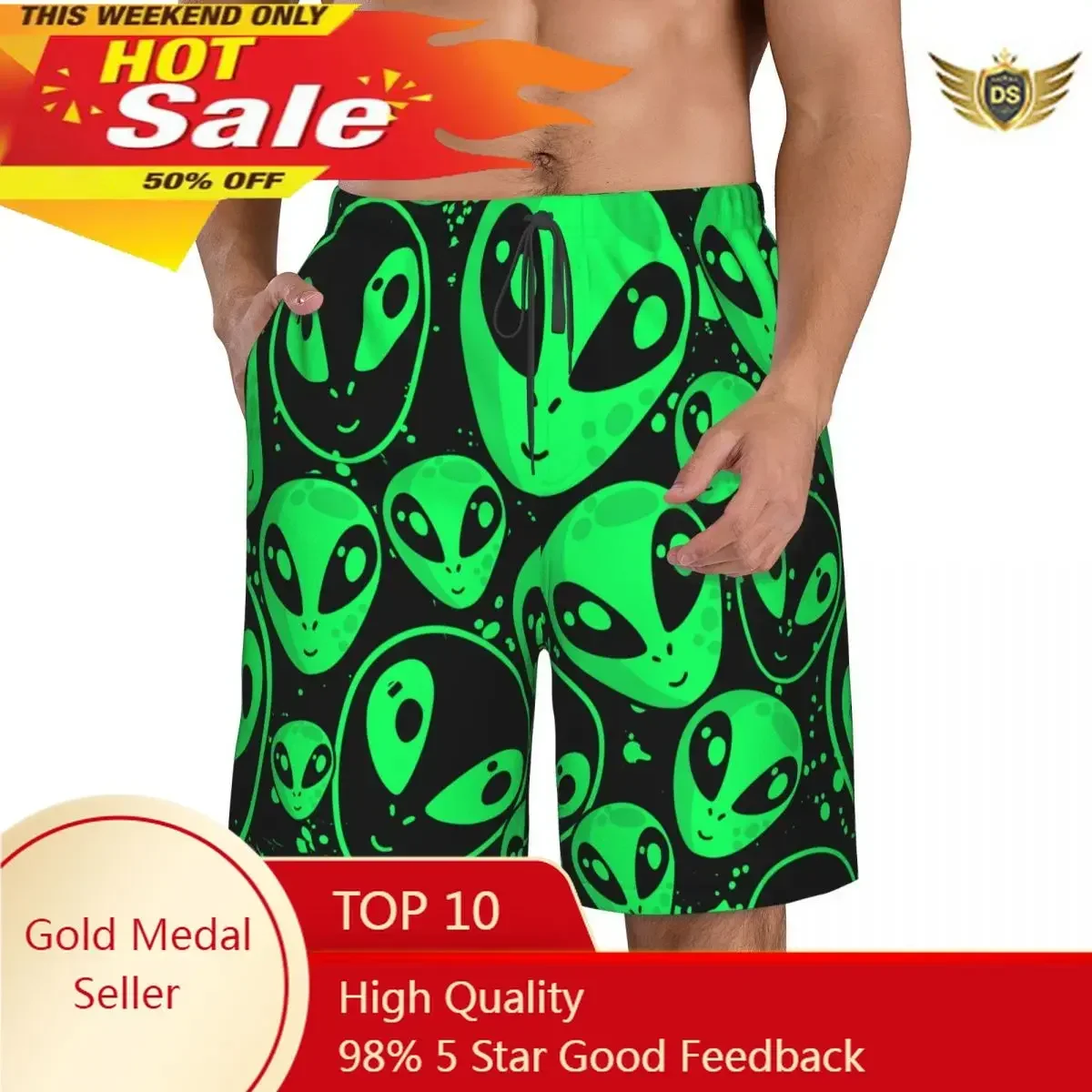New Summer Men Shorts Men Sports Athletic Running Sport Fitness Beach Basketball Jogging Man Loose Short Pants Green Alien UFO