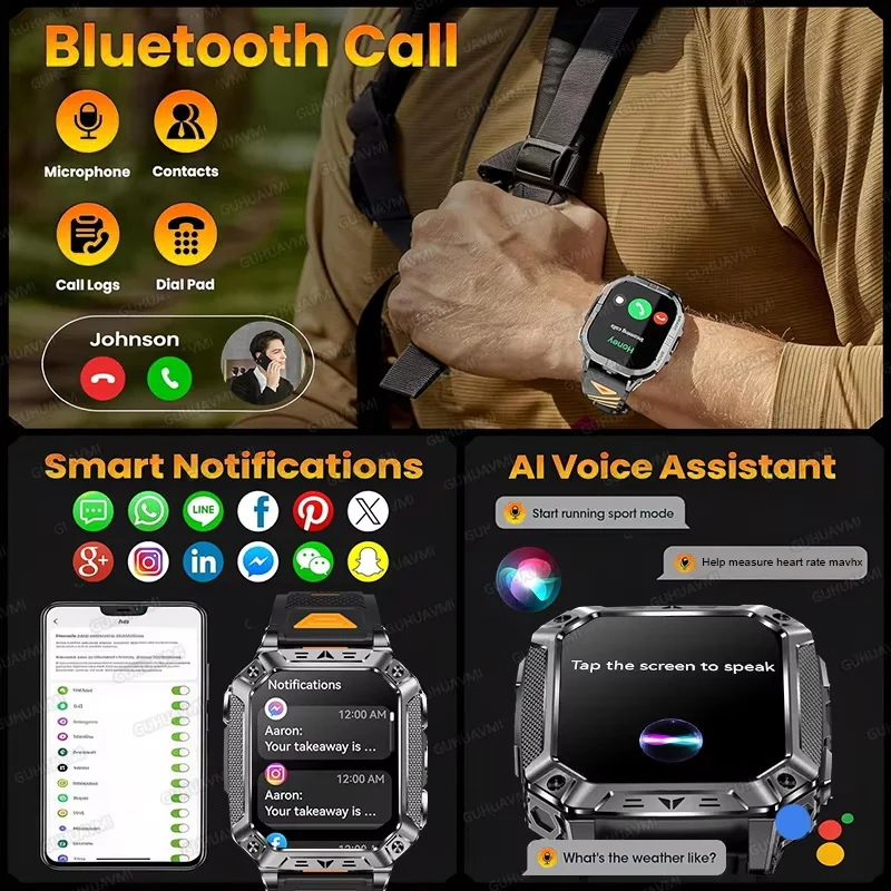 2026 Outdoors Durable GPS Men Sports Smart Watch 2.01” 1400mAh Battery LED Flashlight Waterproof Bluetooth Call Military Watch 5