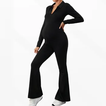 Pregnant Women Casual Jumpsuit Maternity Solid Long Sleeve V-neck Elegant Slim Fit Overalls Spring Autumn Pregnancy Clothing
