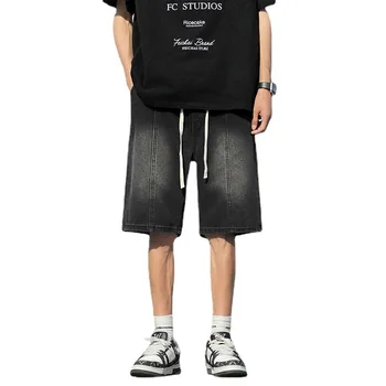 Summer Men Jeans Short Male Loose Drawstring Straight Pants Harajuku Port Style Leisure Trend Mens Oversized Black /black S-3xl