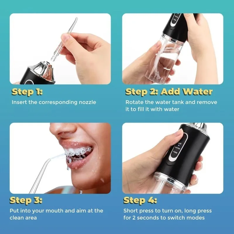 Dental Water Flosser Oral Irrigator Portable USB Rechargeable Dental Water Flosser 4 Jet Tip 220ml 3 Modes IPX7 Waterproof