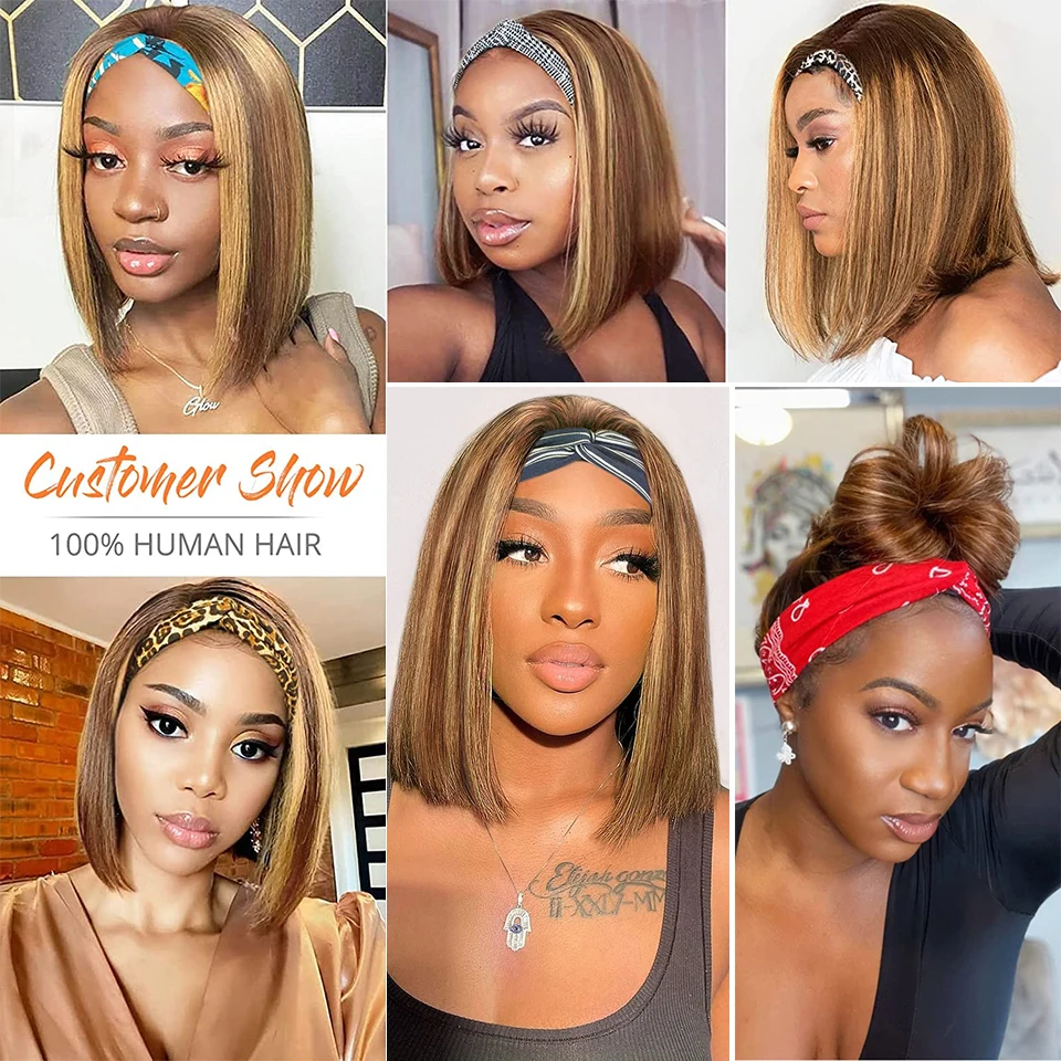 Highlight Bob Headband Wigs Human Hair Short Straight Bob Headband Wig for Women Brazilian Glueless P4/27 Ombre Brown Blonde Wig