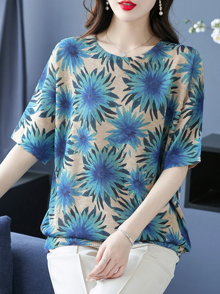 

Floral Print Hollow Knitted T Shirt Women Sweater Pullovers Summer Clothes For Women Tees Top Short Sleeve Women's T-shirt