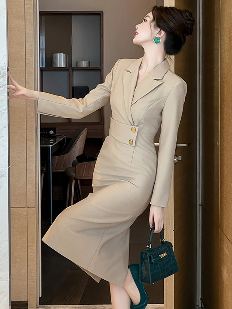 Women Clothes Business Solid Long Sleeve Slim Midi Pencil Dress
