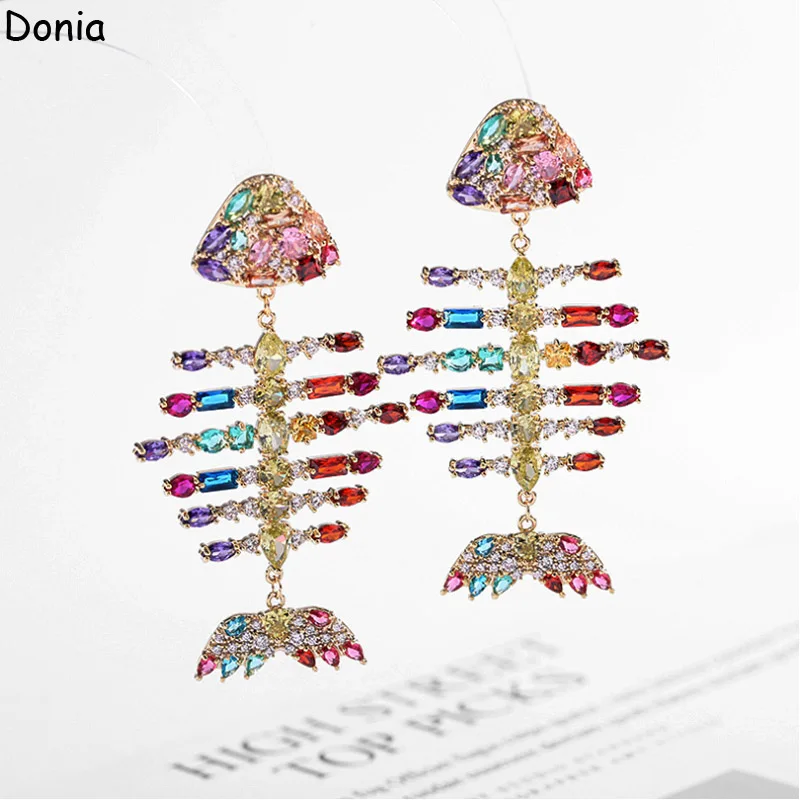 Donia Jewelry Fashion Long Fishbone Titanium Steel Micro-Inlaid AAA Zircon Earrings Luxury Silver Needle Accessories