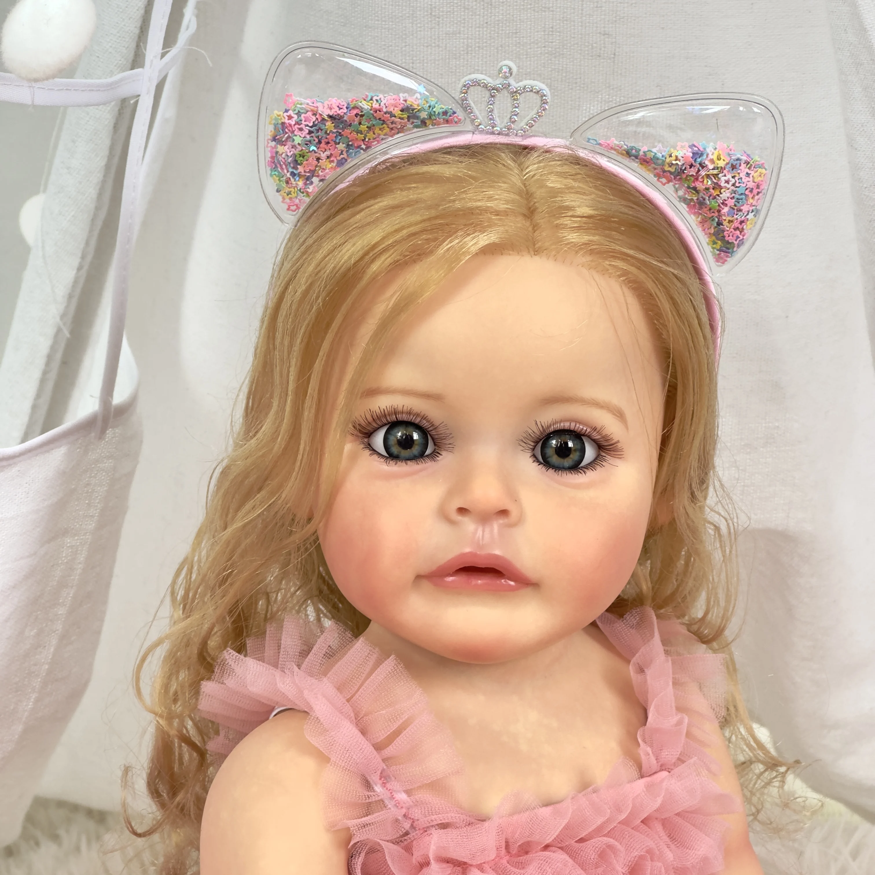 

NPK 55CM Full body Silicone Reborn Toddler Girl Princess Sue-Sue Hand-detailed Painting Rooted blonde Hair waterproof Toy