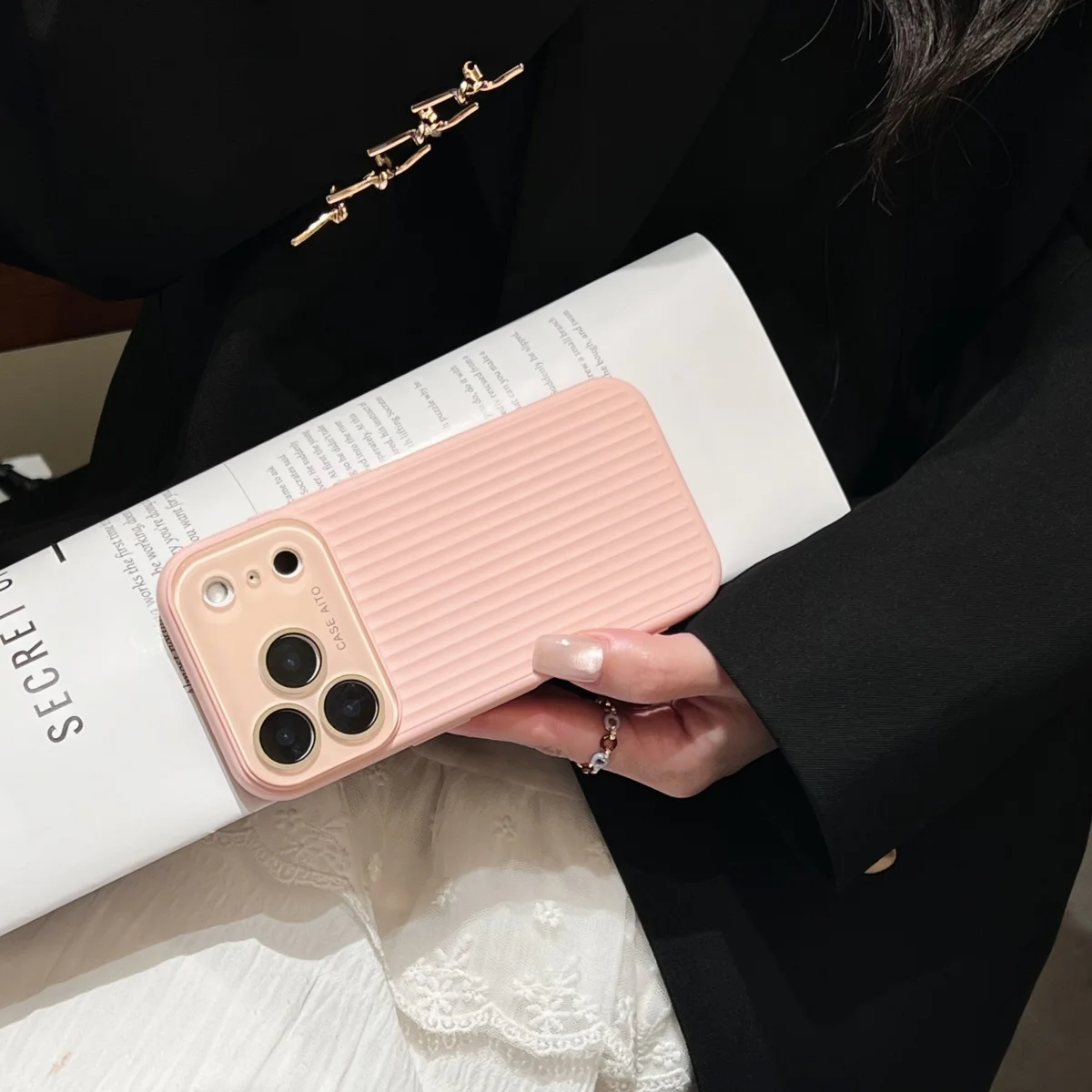 Corrugated Stripe Pattern Shockproof Phone Case with Large Window Camera Lens Protection