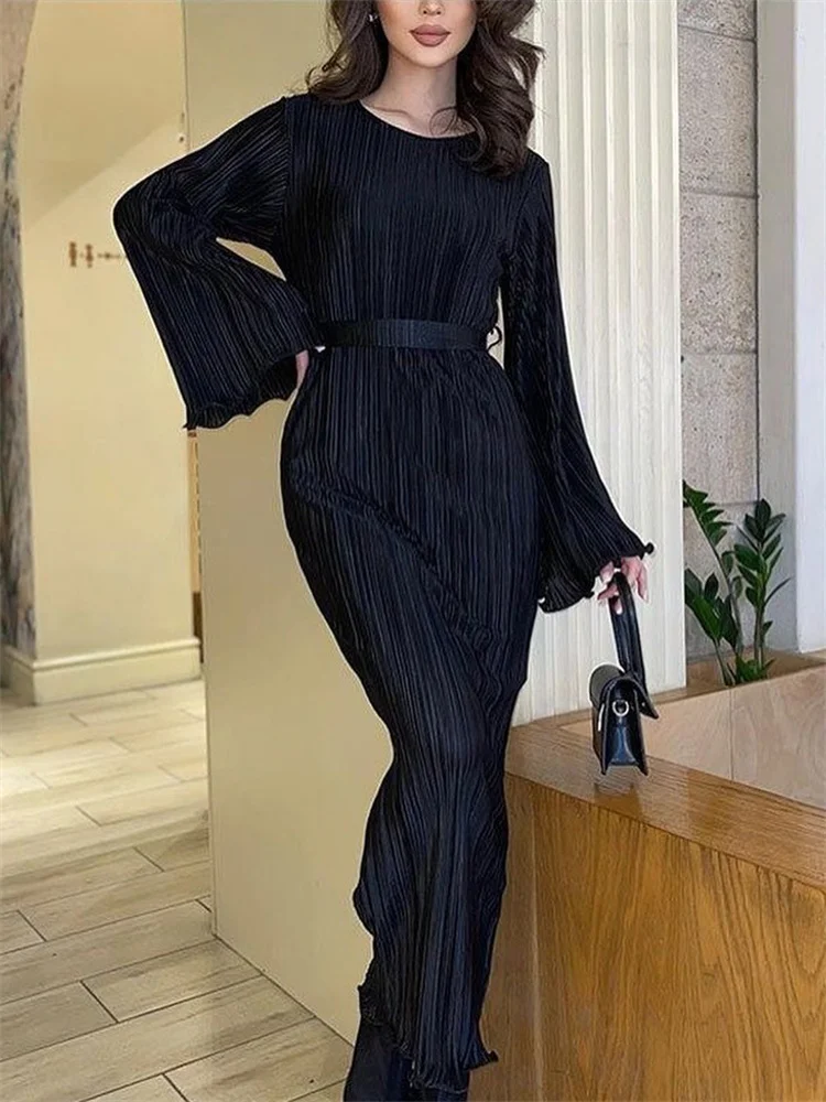 Vestido largo acanalado con volantes y cordones para mujer, manga larga, cintura alta, elegante, para fiesta, otoño, estilo vendaje