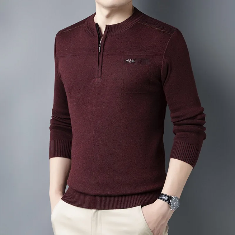 2023 New Men's Fashion Casual Round Neck Zipper Pullover Sweater Solid Color Simple Versatile Men's Sweater Knitwear