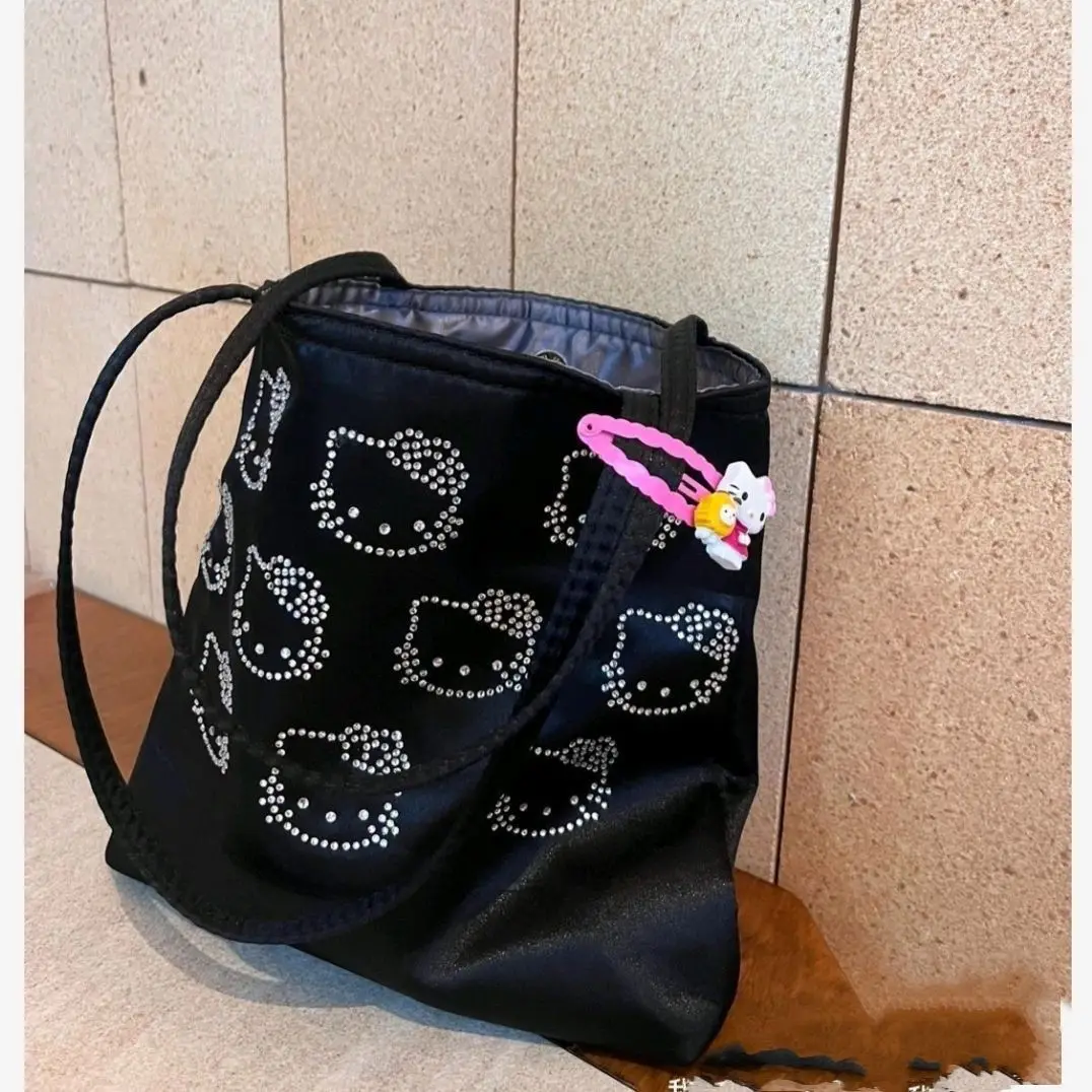 

Sanrio Women's Shoulder Bag Hello Kitty Tote Bag Rhinestone Full Printed Satin Silk Bag Cute Mini Handbag Kids Backpack