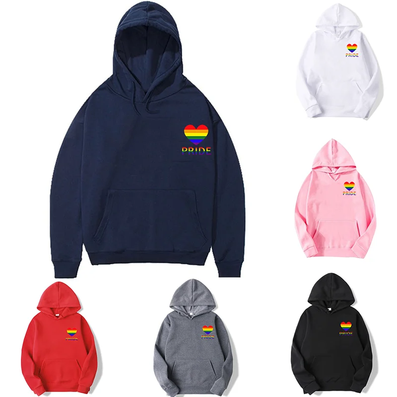 

Solid Fleece Hoodies Couples For Men and Women Simple Colorful Pride Heart Print Loose Kangaroo Pocket Spring Autumn